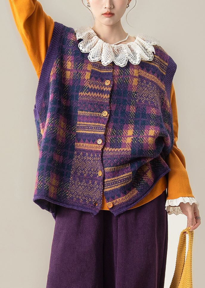 Chic Brown Oversized Print Knit Vests Winter