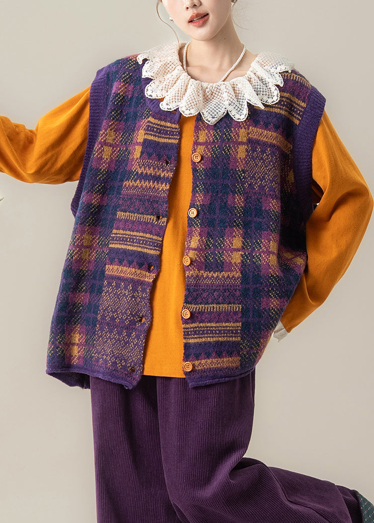 Chic Brown Oversized Print Knit Vests Winter