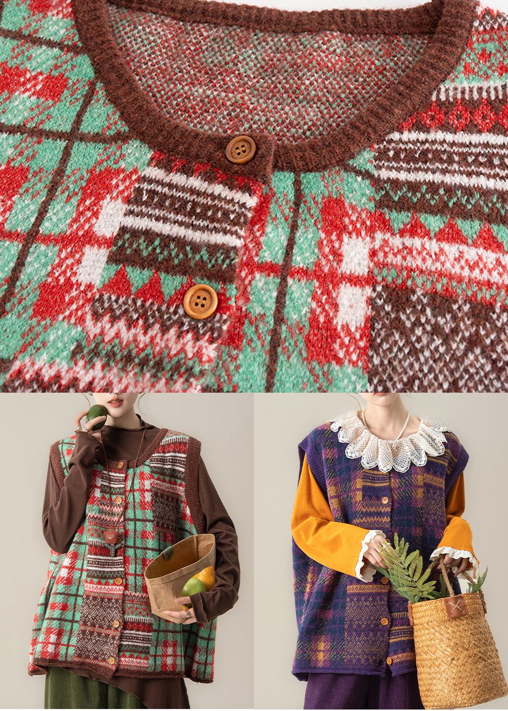 Chic Brown Oversized Print Knit Vests Winter