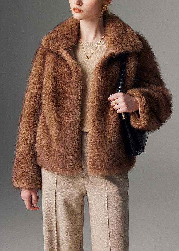 Chic Brown Peter Pan Collar Faux Fur Jacket Winter