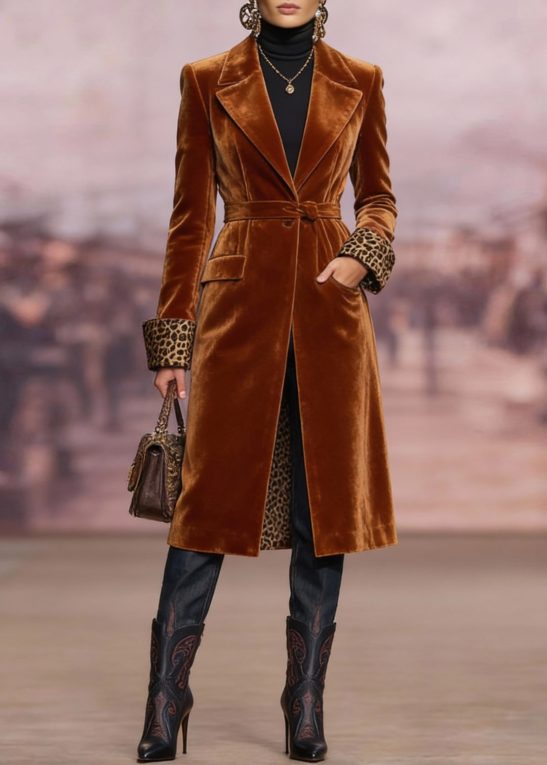 Chic Brown Peter Pan Collar Pockets Velvet Trench Spring