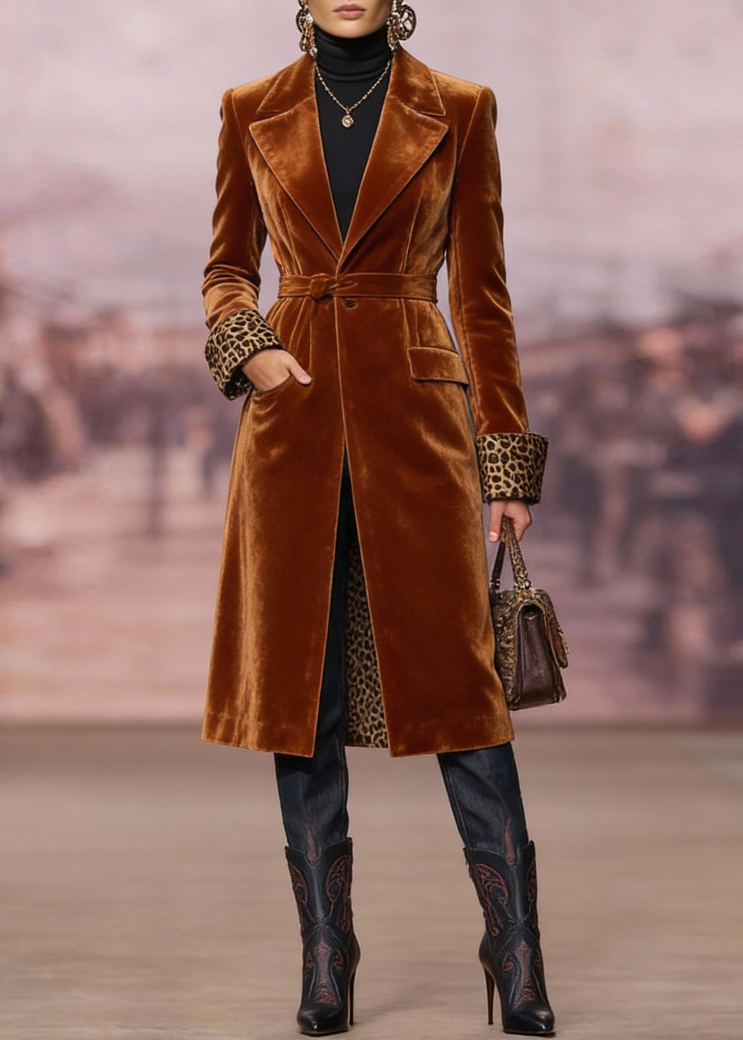 Chic Brown Peter Pan Collar Pockets Velvet Trench Spring