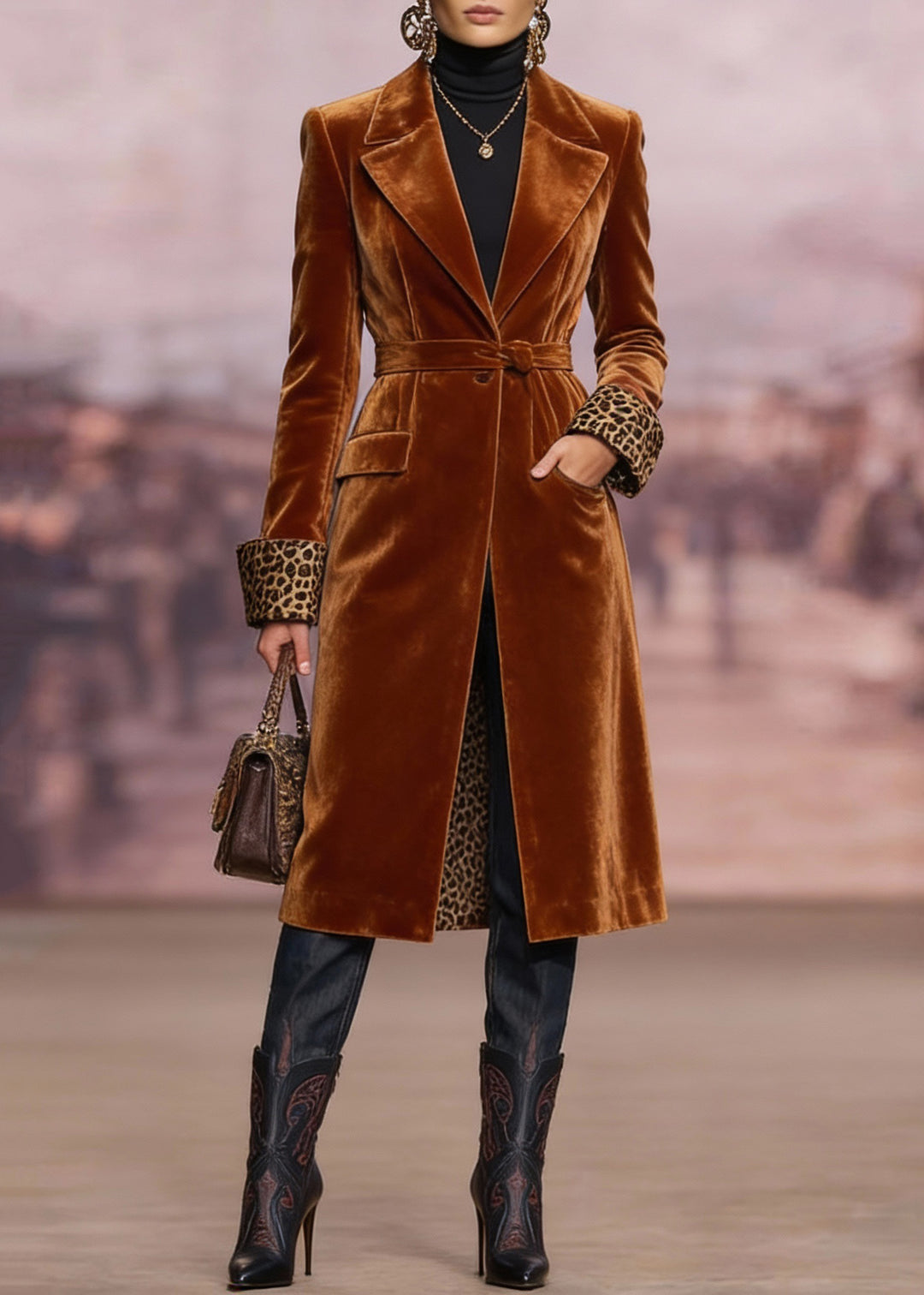 Chic Brown Peter Pan Collar Pockets Velvet Trench Spring