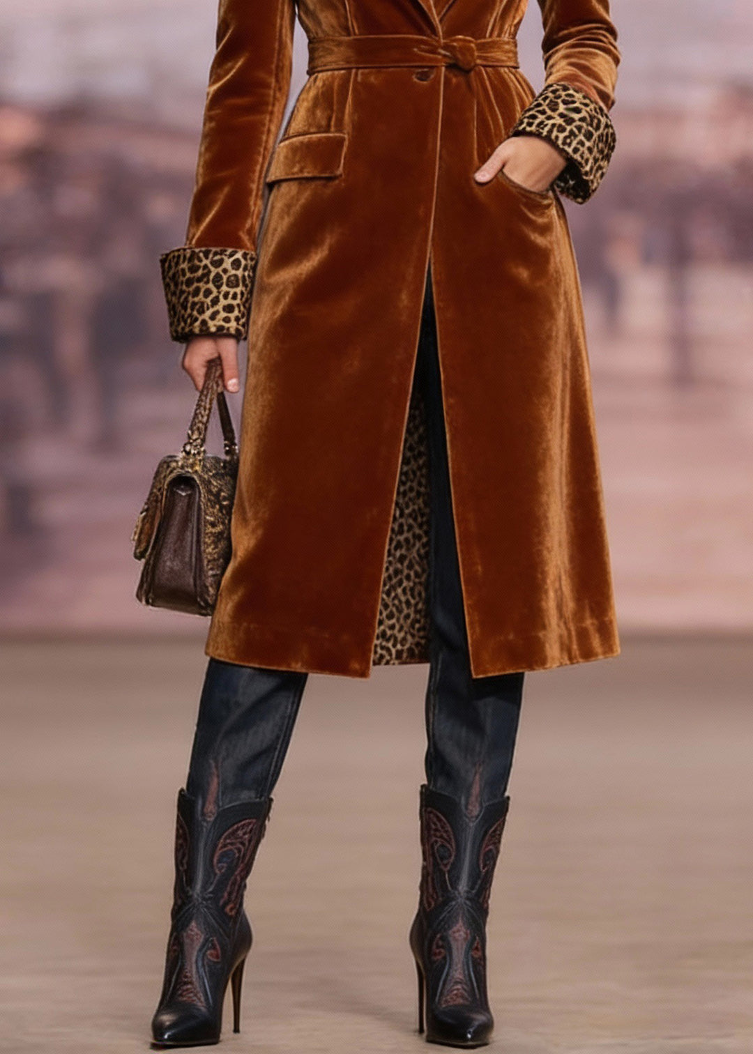 Chic Brown Peter Pan Collar Pockets Velvet Trench Spring