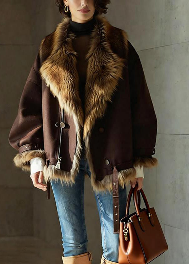 Chic Brown Pockets Button Faux Fur Jackets Winter