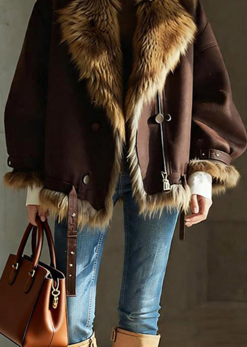 Chic Brown Pockets Button Faux Fur Jackets Winter