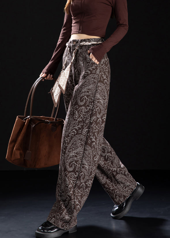 Chic Brown Pockets Print Warm Fleece Denim Pants Winter