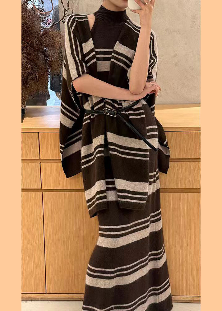 Chic Brown Striped Cardigans And Sweater Dress Knit Two Pieces Set Fall