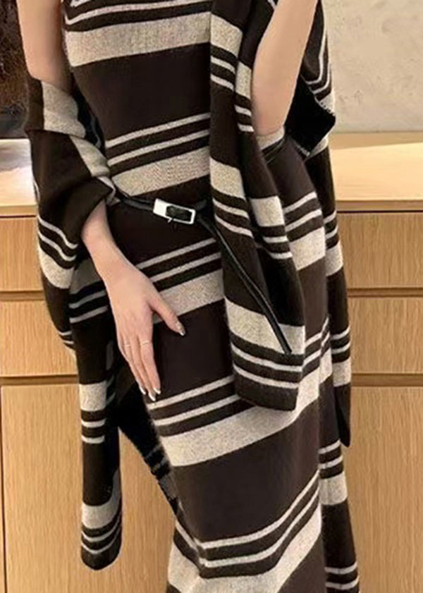 Chic Brown Striped Cardigans And Sweater Dress Knit Two Pieces Set Fall