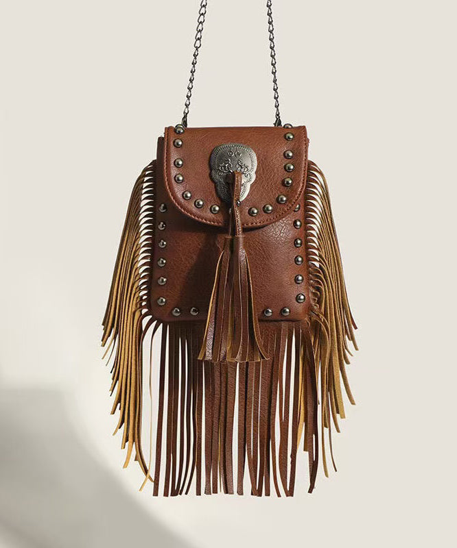 Chic Brown Tassel Rivet Faux Leather Chain Linked CrossBody Bag