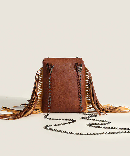 Chic Brown Tassel Rivet Faux Leather Chain Linked CrossBody Bag