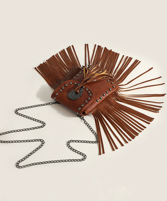 Chic Brown Tassel Rivet Faux Leather Chain Linked CrossBody Bag