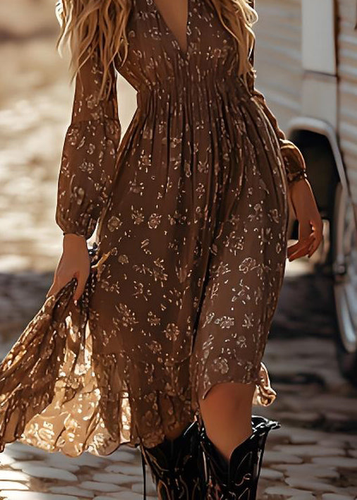 Chic Brown V Neck Print Wrinkled Cotton Dresses Spring