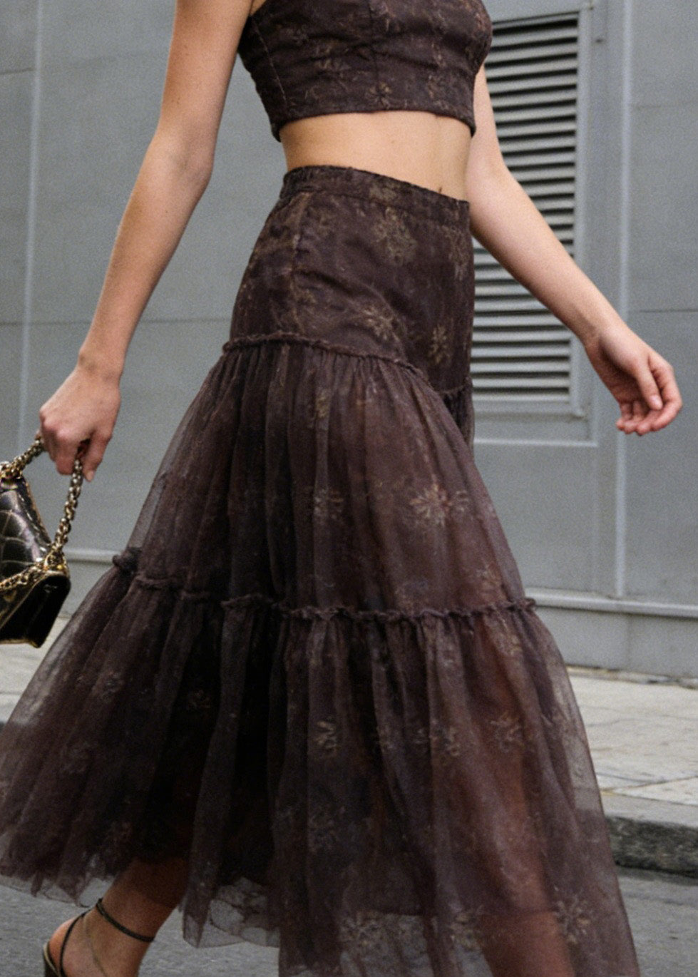 Chic Brown Wrinkled Patchwork Tulle Skirts Summer