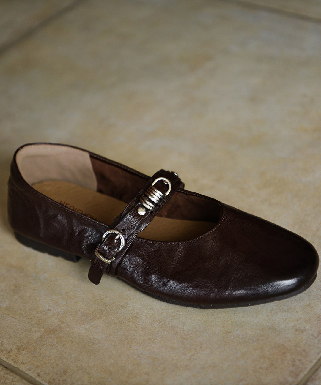 Chic Buckle Strap Flat Shoes For Women Chocolate Sheepskin