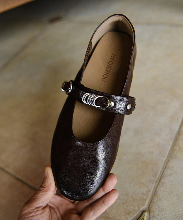 Chic Buckle Strap Flat Shoes For Women Chocolate Sheepskin