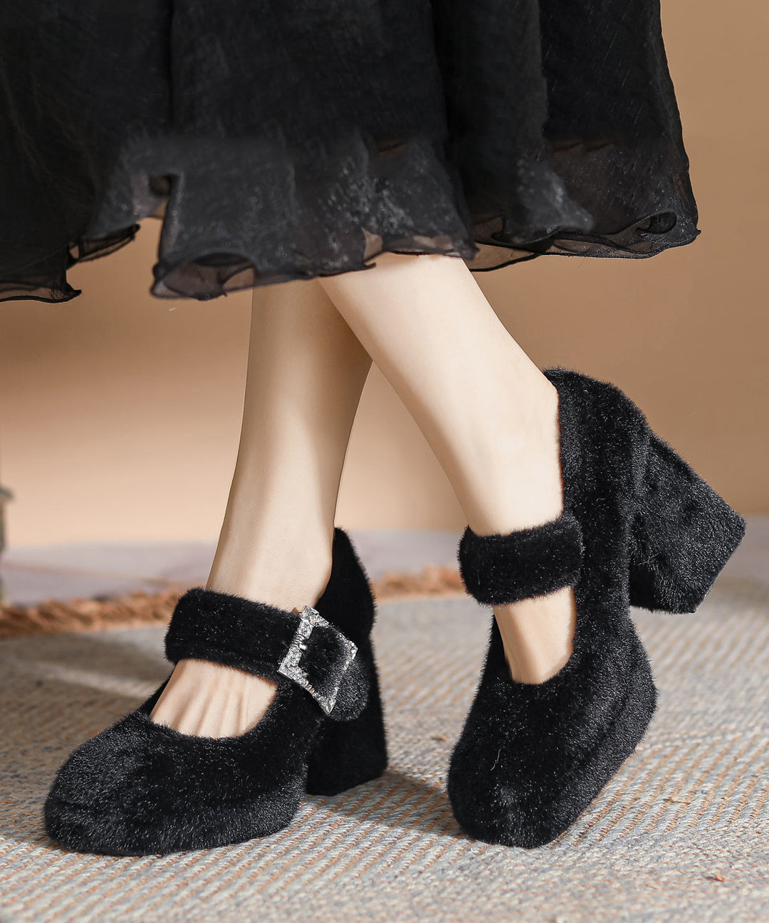 Chic Buckle Strap Splicing Chunky High Heels Apricot Rabbit Wool