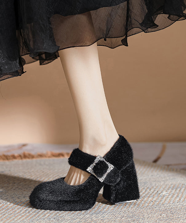 Chic Buckle Strap Splicing Chunky High Heels Apricot Rabbit Wool