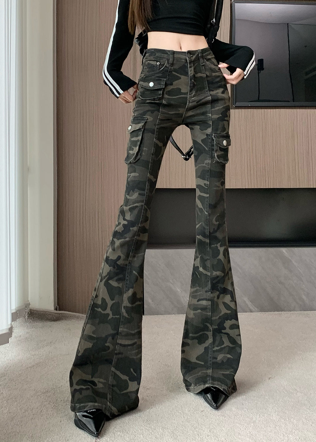 Chic Camouflage Green Silm Fit Denim Flared Trousers Fall