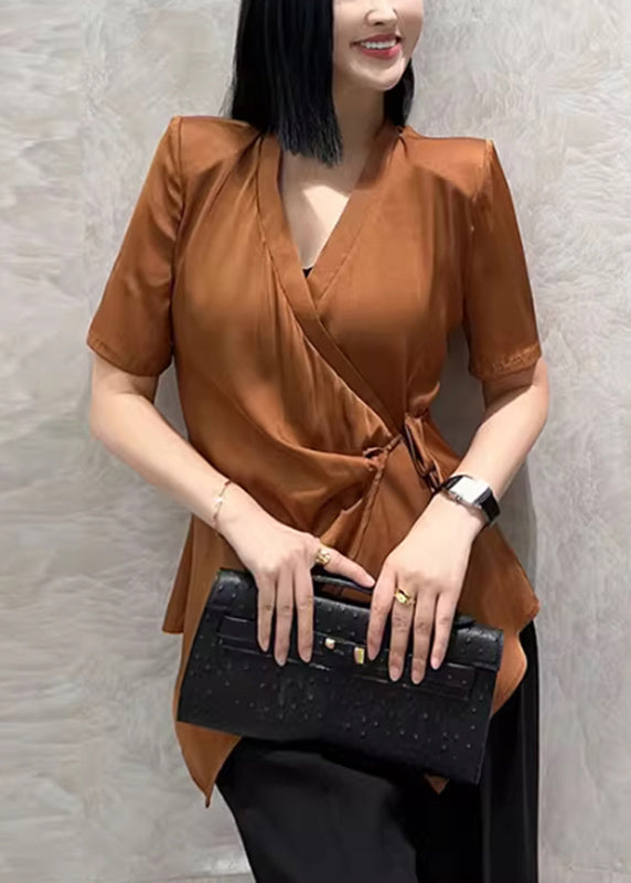 Chic Caramel V Neck Tie Waist Shirt Short Sleeve