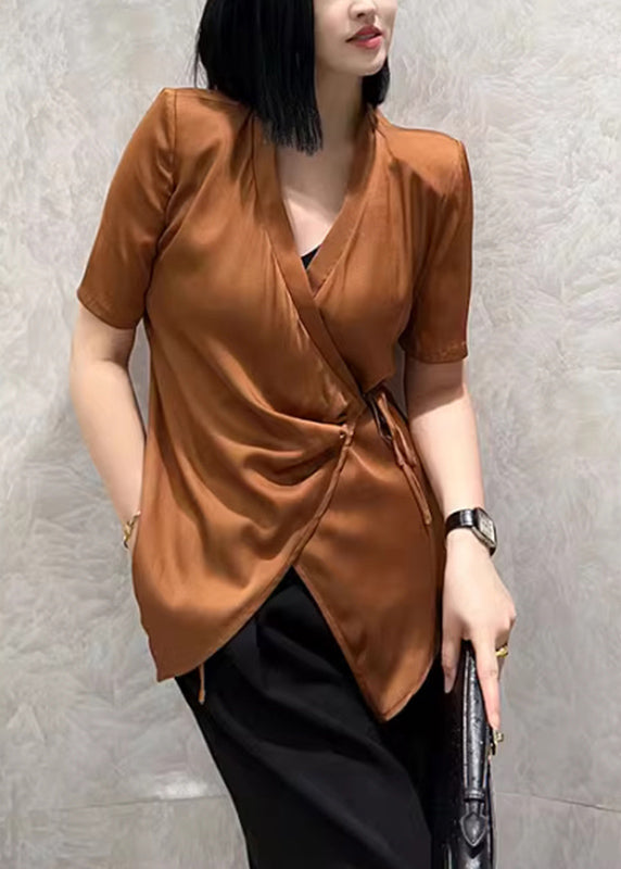 Chic Caramel V Neck Tie Waist Shirt Short Sleeve