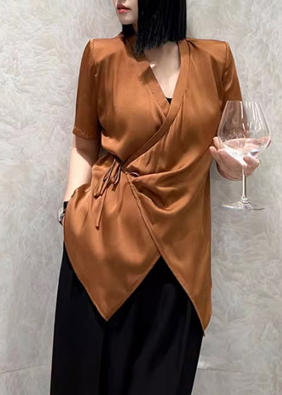 Chic Caramel V Neck Tie Waist Shirt Short Sleeve