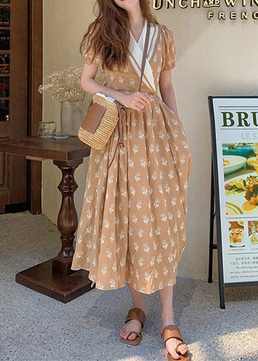 Chic Champagne V Neck Print Wrinkled Cotton Long Dress Summer