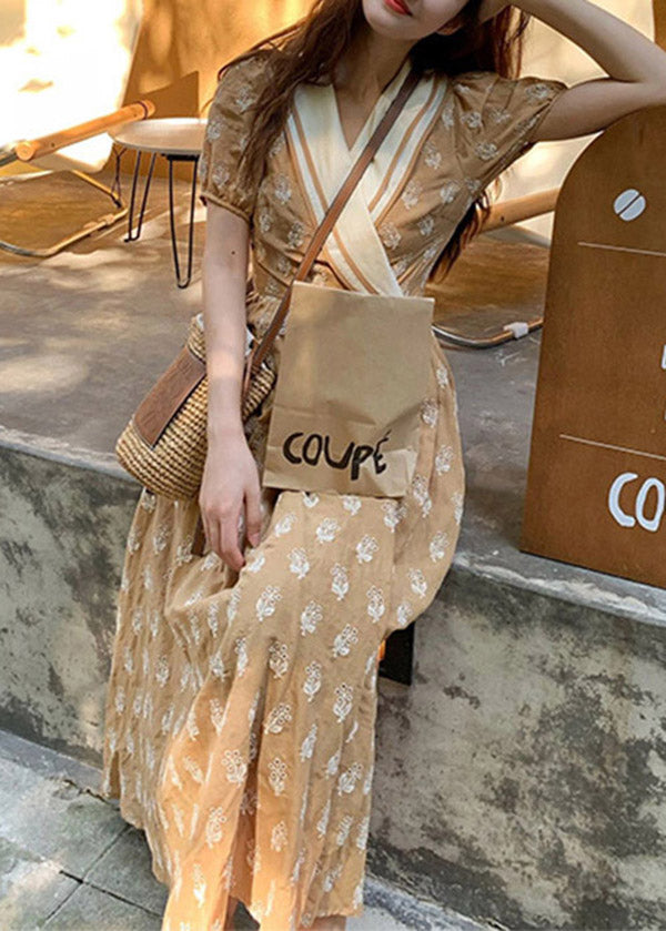 Chic Champagne V Neck Print Wrinkled Cotton Long Dress Summer