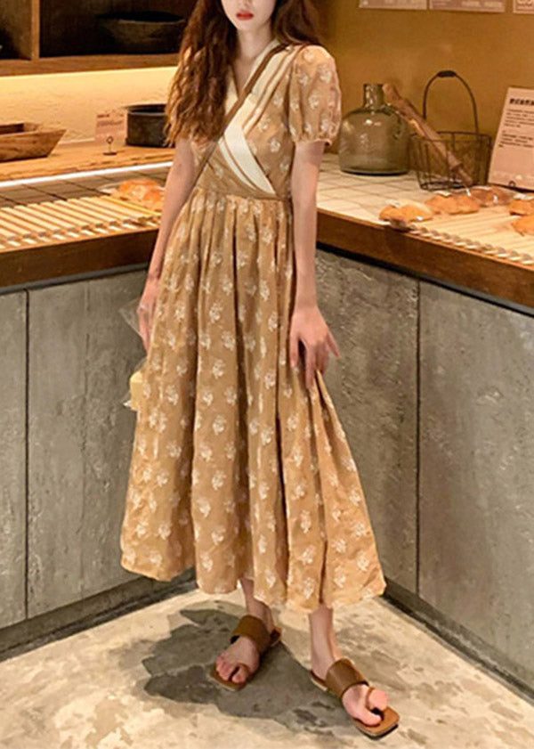 Chic Champagne V Neck Print Wrinkled Cotton Long Dress Summer