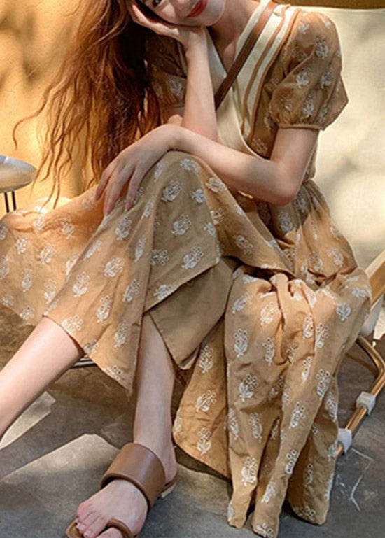 Chic Champagne V Neck Print Wrinkled Cotton Long Dress Summer