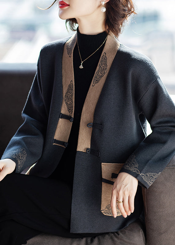 Chic Charcoal Grey V Neck Print Pockets Woolen Coat Fall