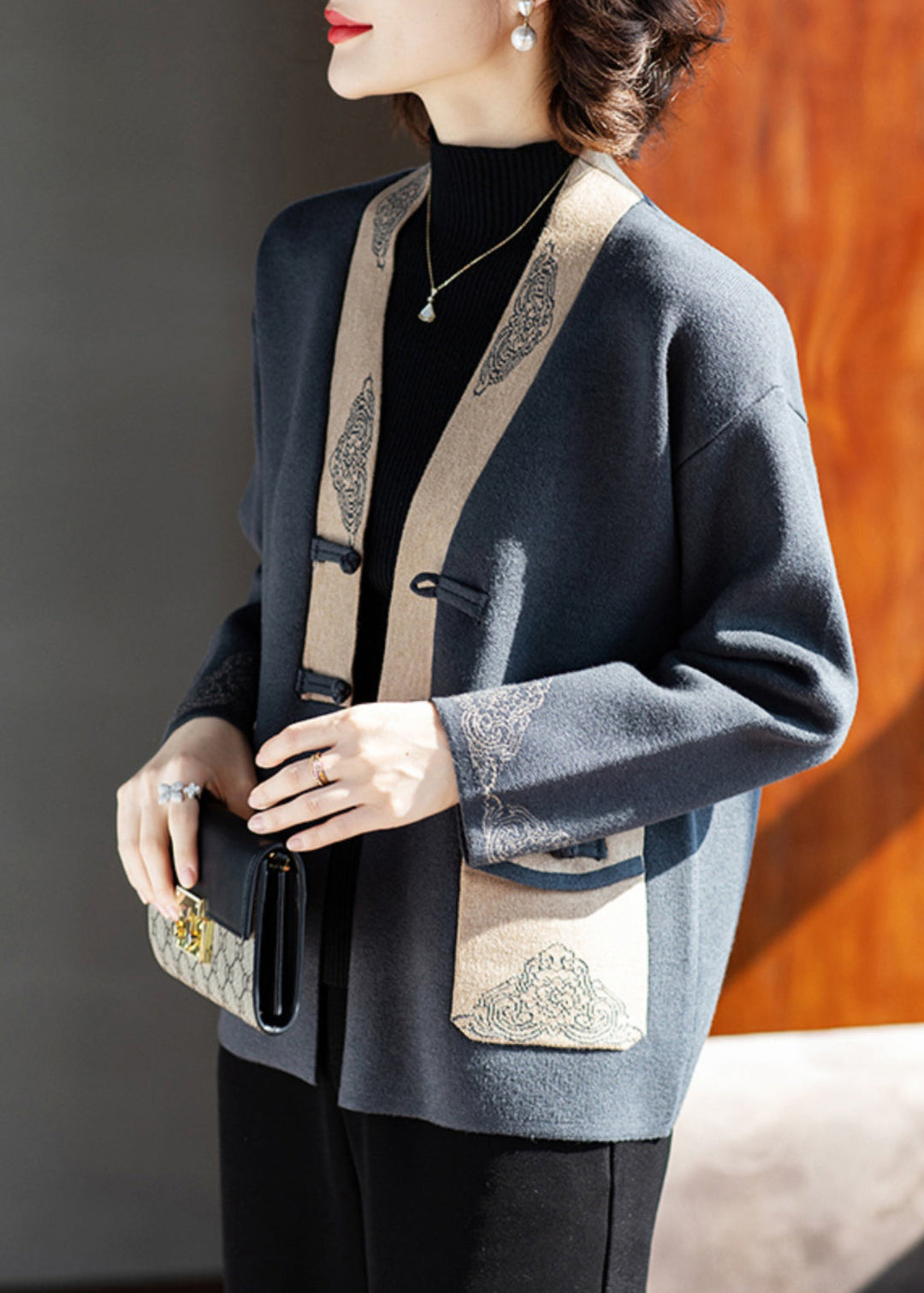 Chic Charcoal Grey V Neck Print Pockets Woolen Coat Fall