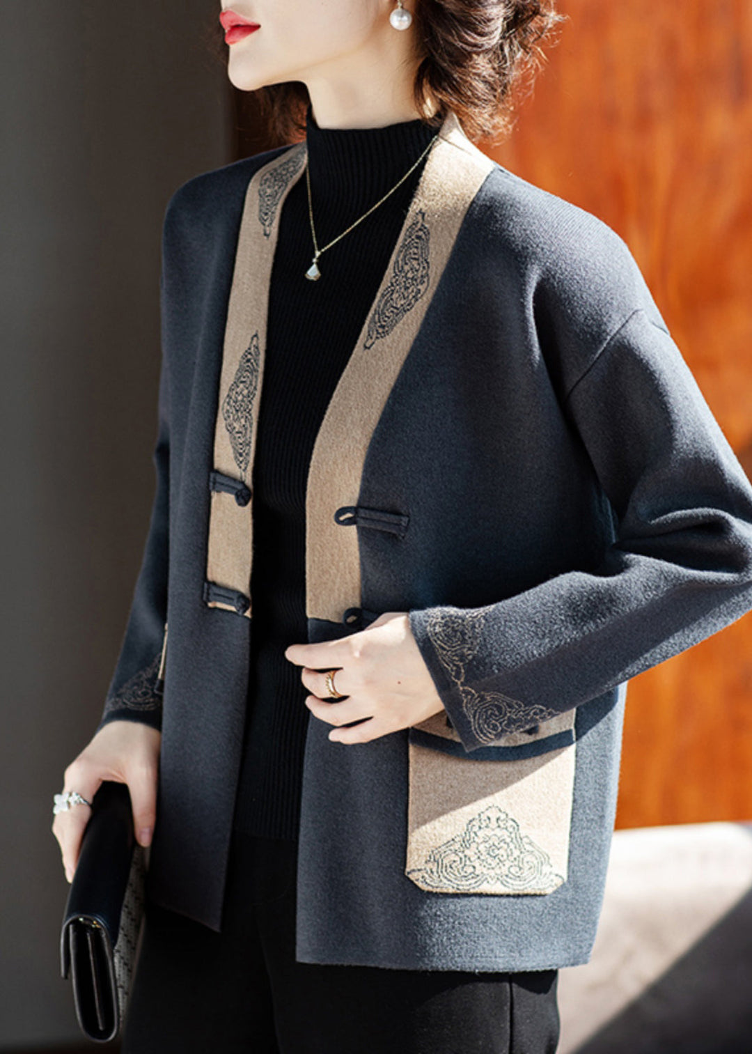 Chic Charcoal Grey V Neck Print Pockets Woolen Coat Fall