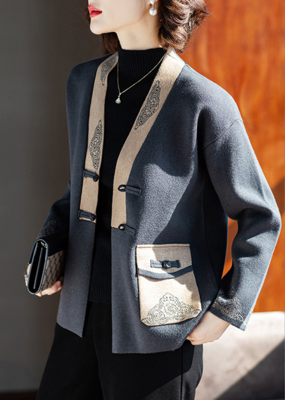 Chic Charcoal Grey V Neck Print Pockets Woolen Coat Fall