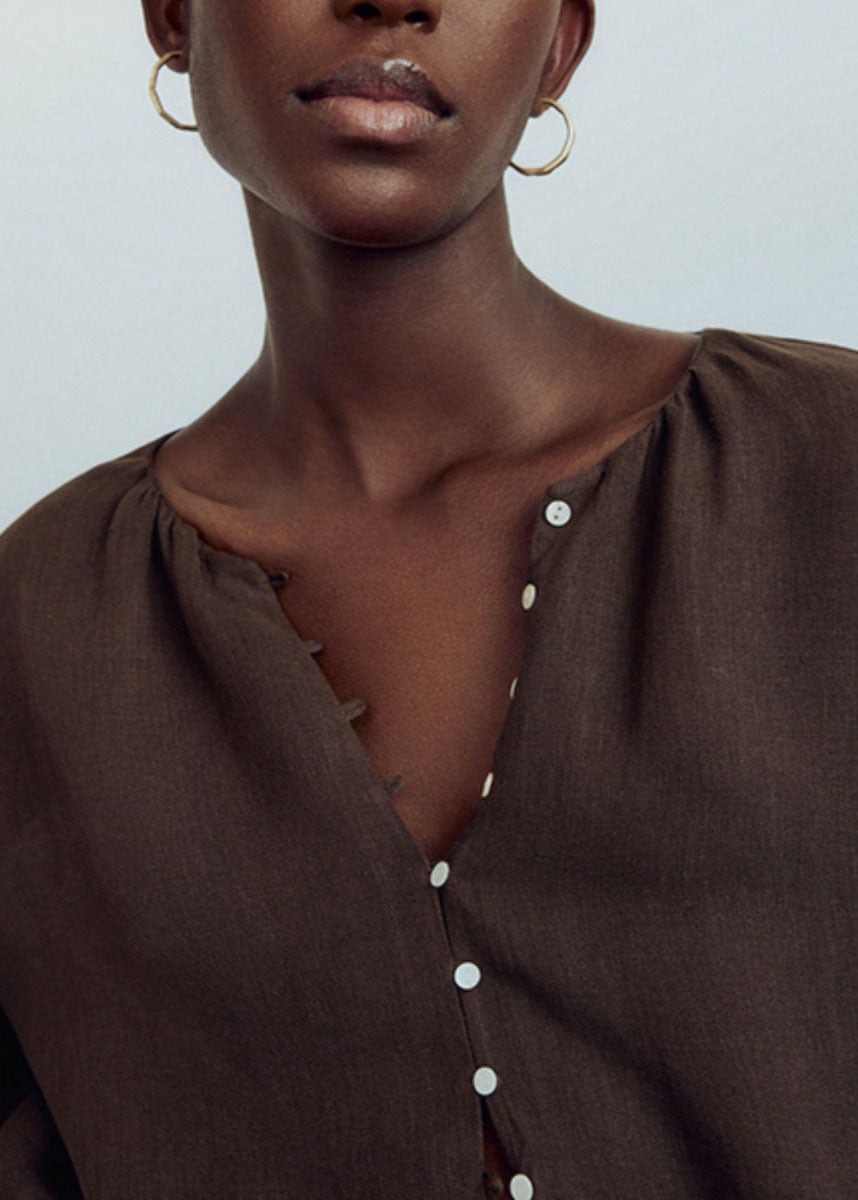 Chic Chocolate V Neck Patchwork Low High Design Shirts Lantern Sleeve