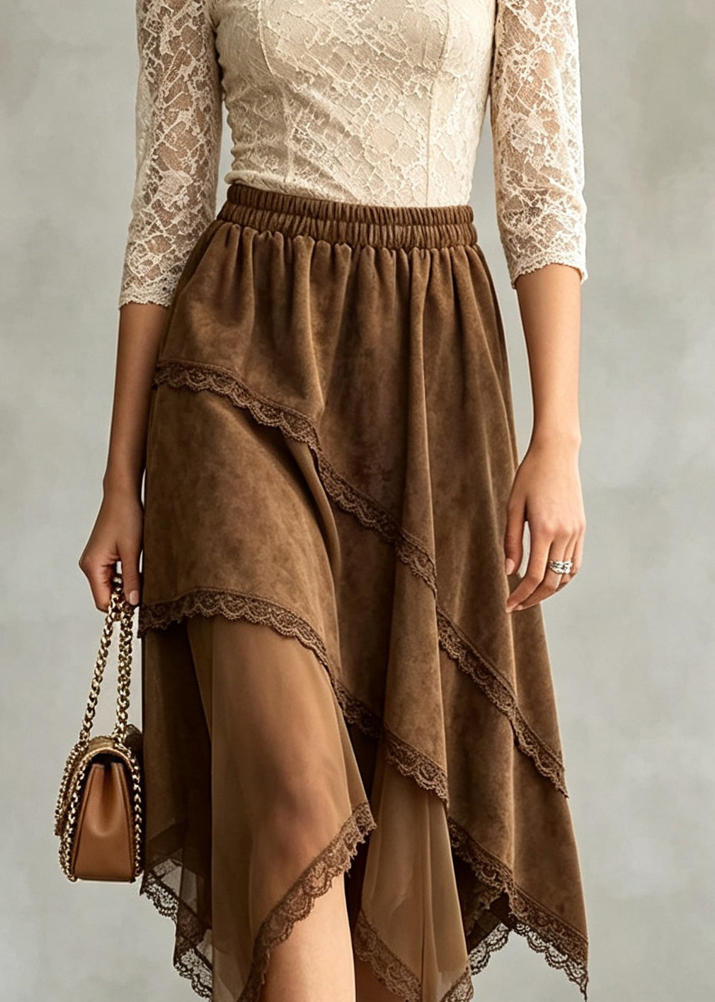 Chic Coffee Asymmetrical Tulle Patchwork Faux Suede Skirts Fall