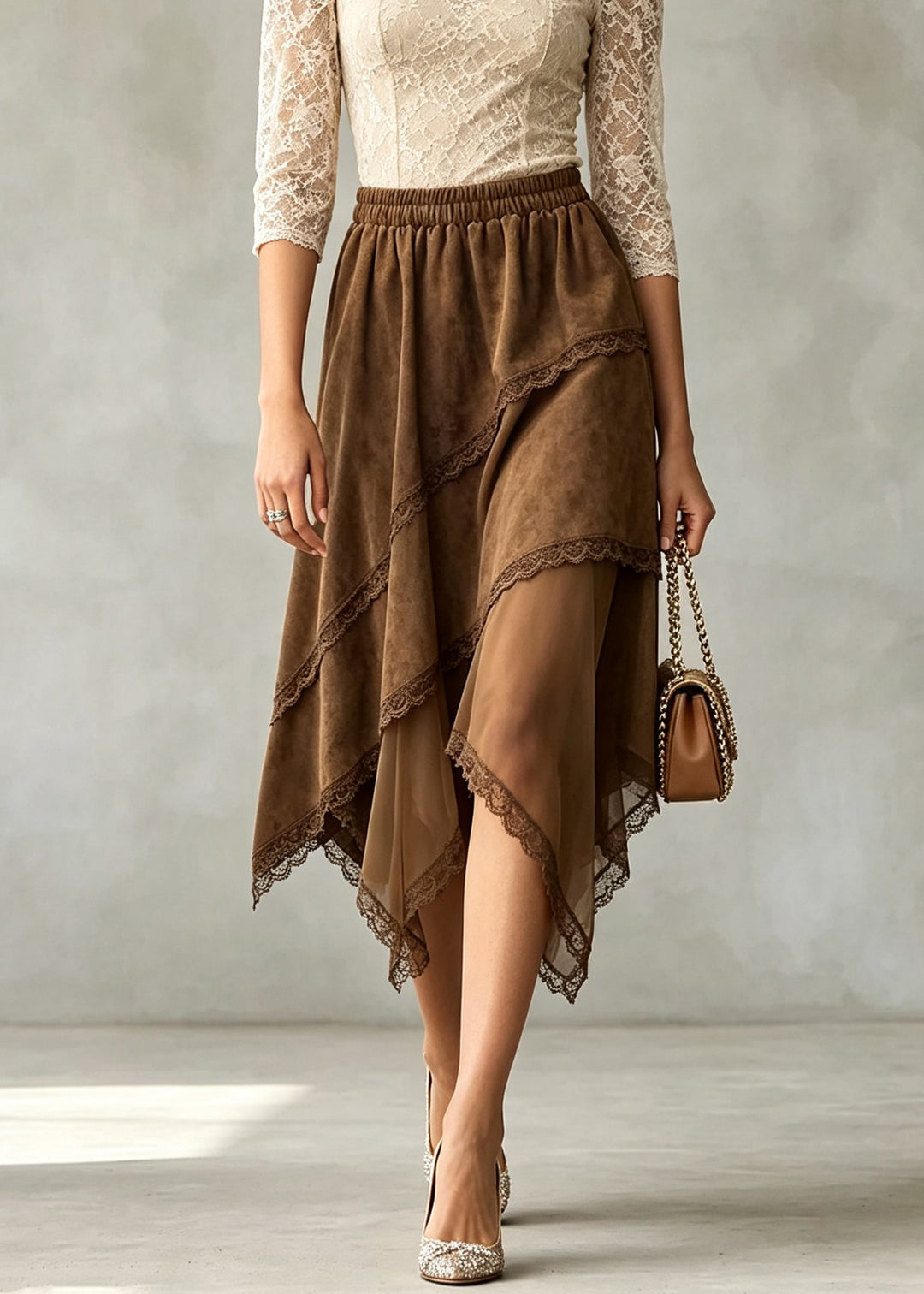 Chic Coffee Asymmetrical Tulle Patchwork Faux Suede Skirts Fall