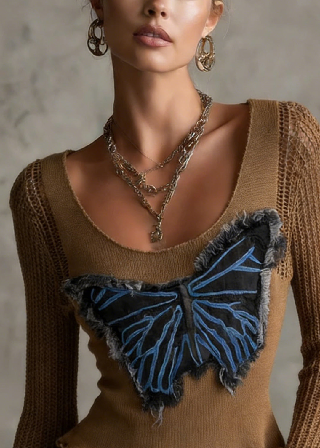 Chic Coffee Butterfly Patch Hollow Out Knit Top Flare Sleeve