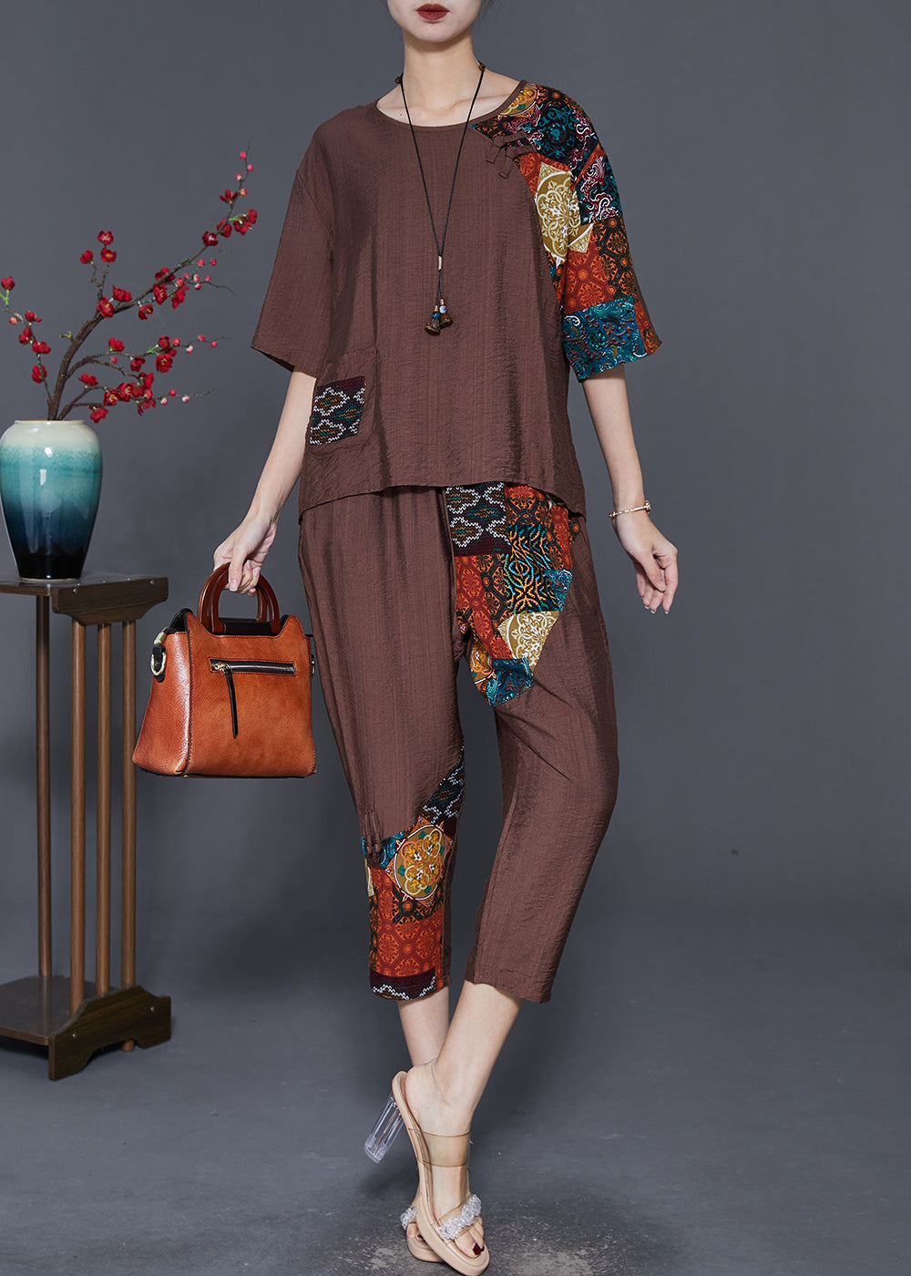 Chic Coffee Chinese Button Patchwork Linen Two Pieces Set Summer