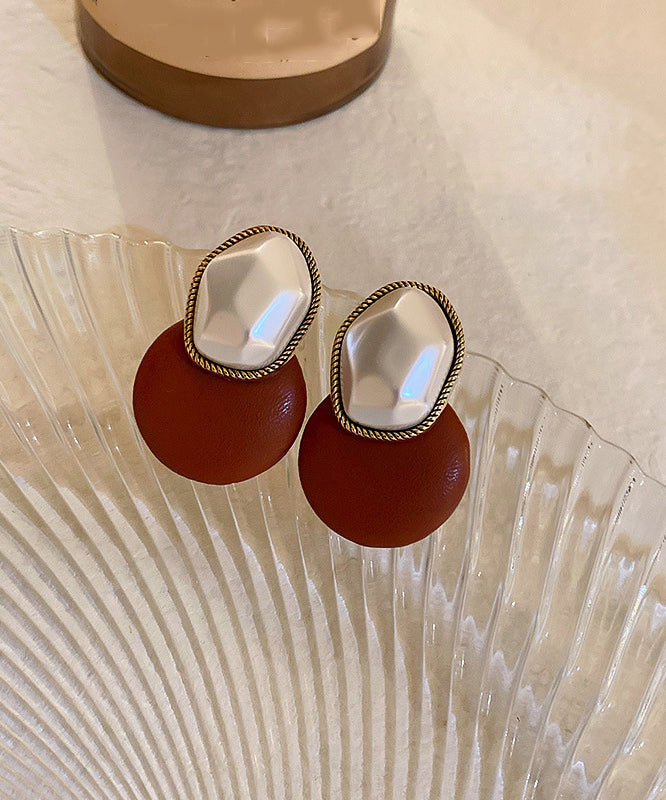 Chic Coffee Copper PU Pearl Geometry Stud Earrings