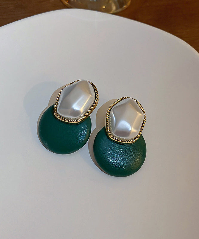 Chic Coffee Copper PU Pearl Geometry Stud Earrings