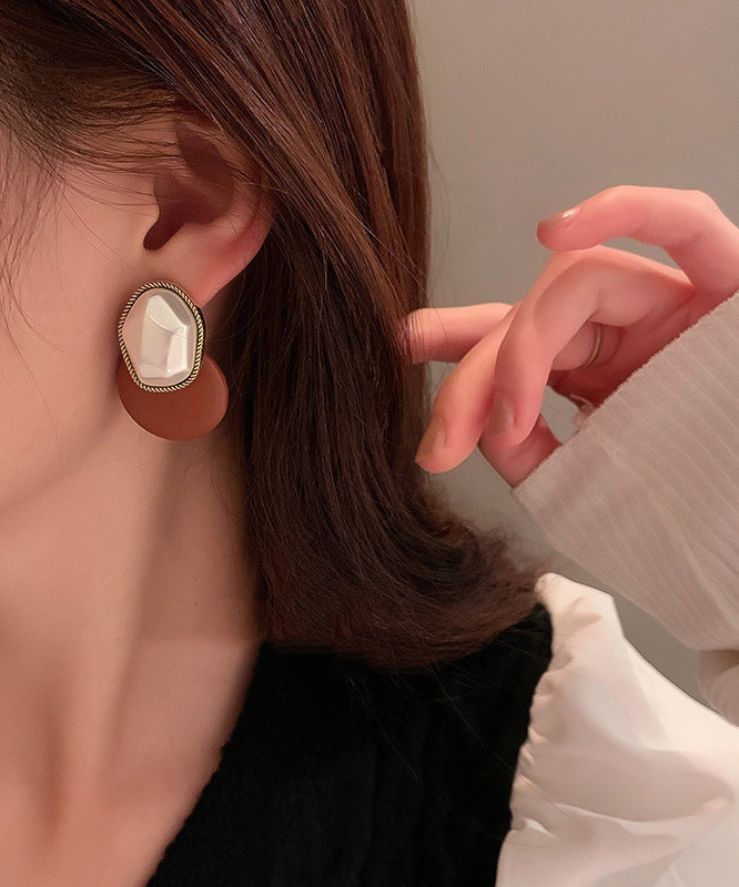 Chic Coffee Copper PU Pearl Geometry Stud Earrings