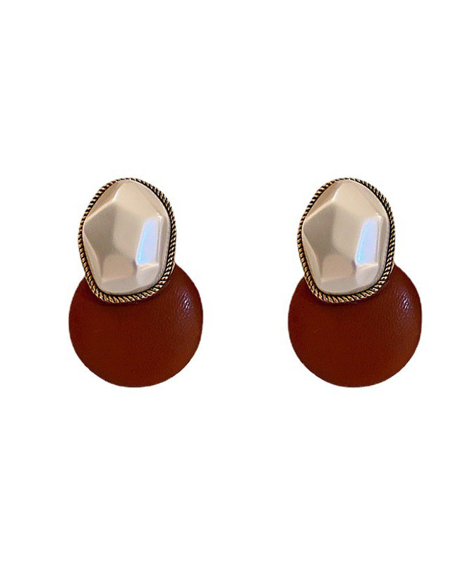 Chic Coffee Copper PU Pearl Geometry Stud Earrings