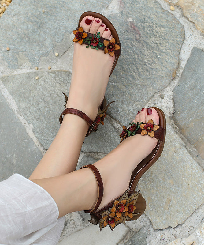 Chic Coffee Cowhide Leather Flower Peep Toe Buckle Strap High Heel Sandals