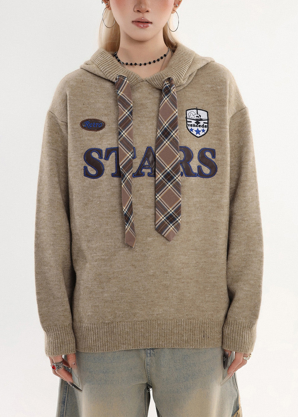 Chic Coffee Hooded Embroidered Knit Sweatshirt Winter