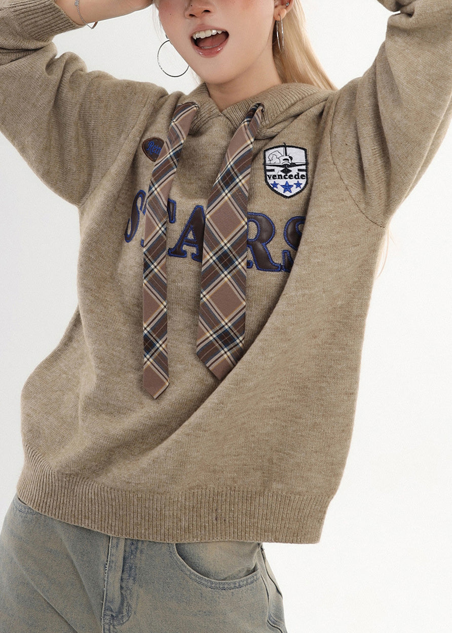 Chic Coffee Hooded Embroidered Knit Sweatshirt Winter