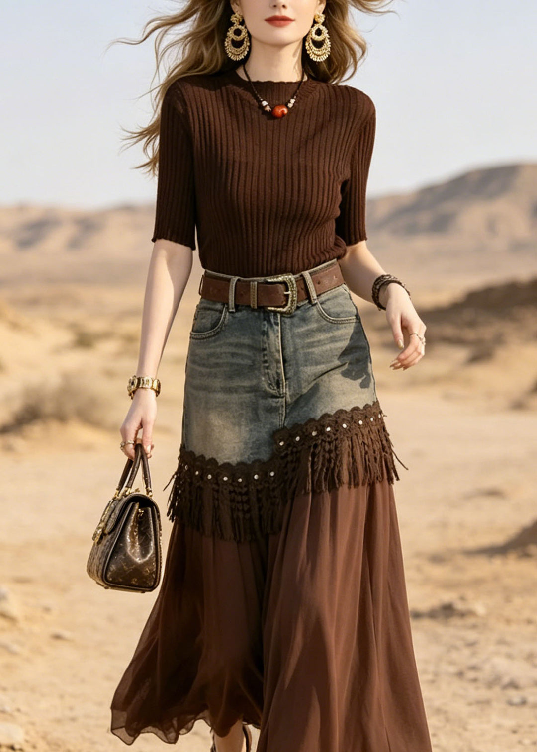 Chic Coffee Ice Silk Knit Top And Lace Tassel Skirts Two Pieces Set Summer