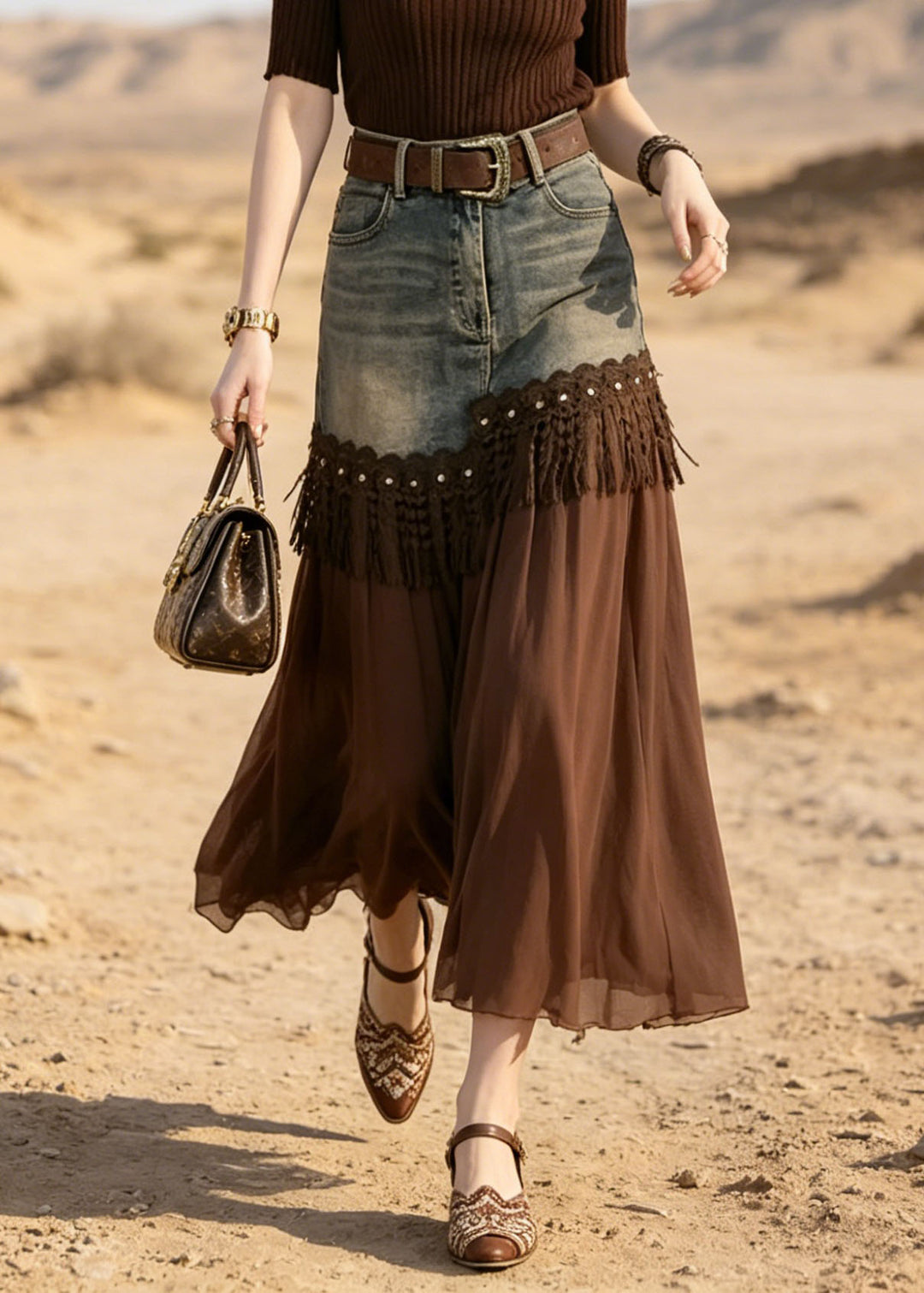 Chic Coffee Ice Silk Knit Top And Lace Tassel Skirts Two Pieces Set Summer