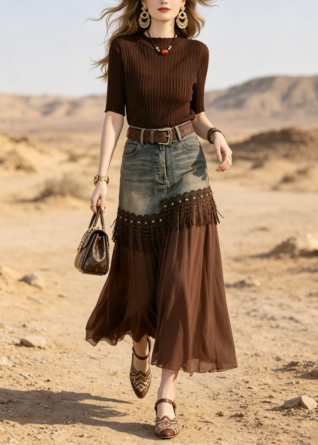 Chic Coffee Ice Silk Knit Top And Lace Tassel Skirts Two Pieces Set Summer