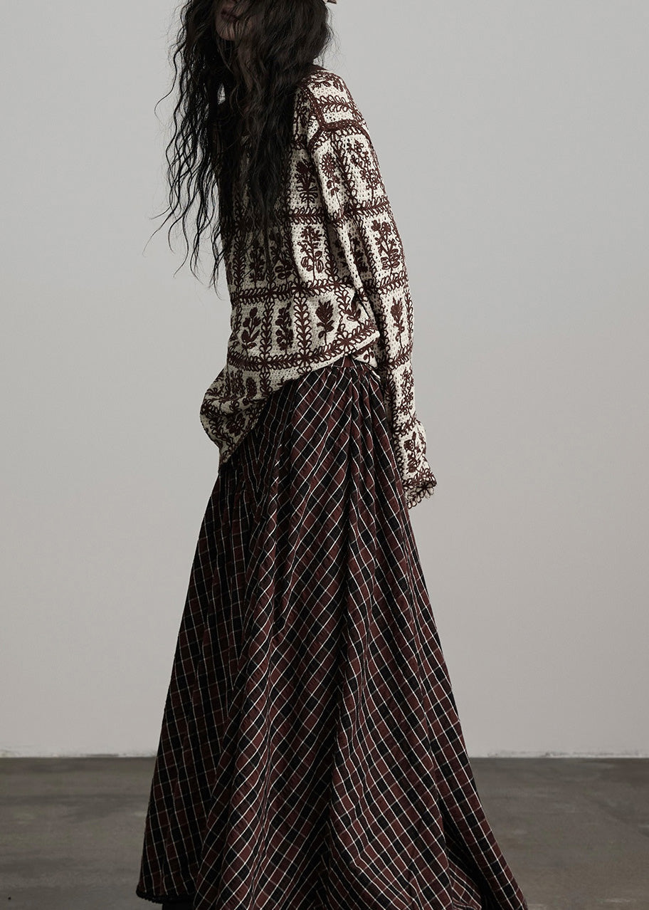 Chic Coffee O Neck Jacquard Knit Sweater Winter